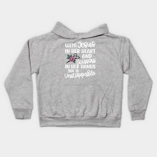 With Jesus In Her Heart and Scissors In Her Hand She Is Unstoppable Hairstylist Funny Kids Hoodie